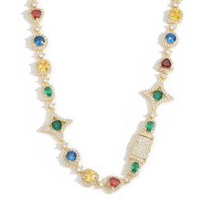 Hip Hop Star Colorful Zirconia Brass Necklace