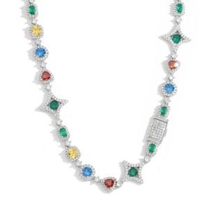 Hip Hop Star Colorful Zirconia Brass Necklace