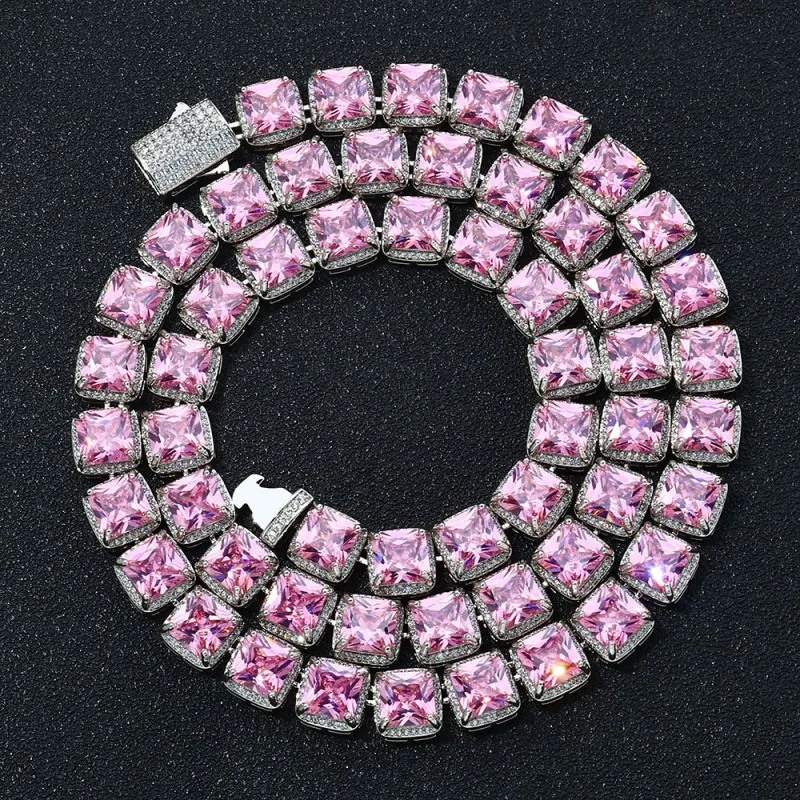 10mm Pink Square Zirconia Chain Brass Necklace
