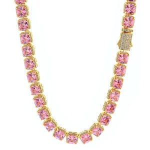 10mm Pink Square Zirconia Chain Brass Necklace
