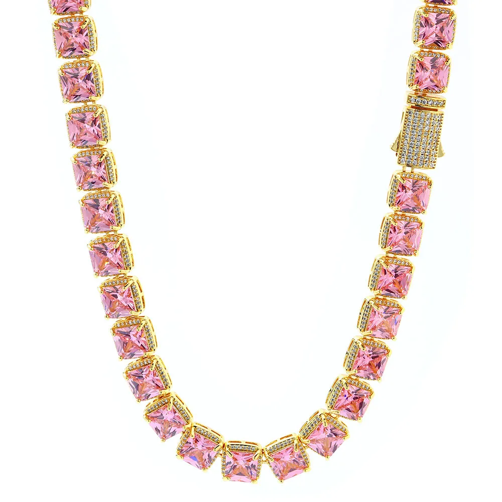 10mm Pink Square Zirconia Chain Brass Necklace