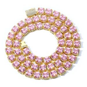 10mm Pink Square Zirconia Chain Brass Necklace