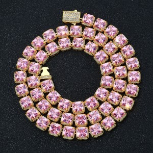 10mm Pink Square Zirconia Chain Brass Necklace