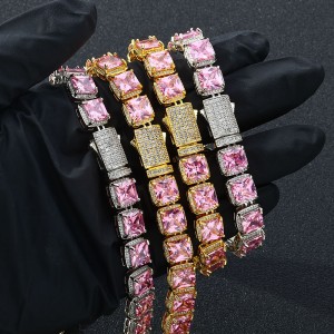10mm Pink Square Zirconia Chain Brass Necklace