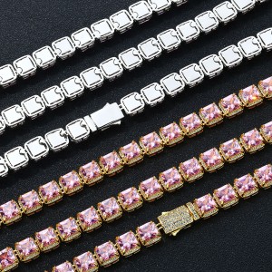 10mm Pink Square Zirconia Chain Brass Necklace
