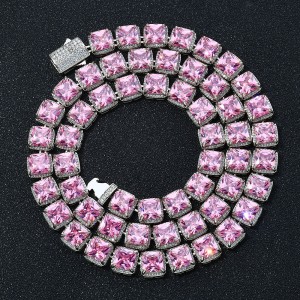 10mm Pink Square Zirconia Chain Brass Necklace