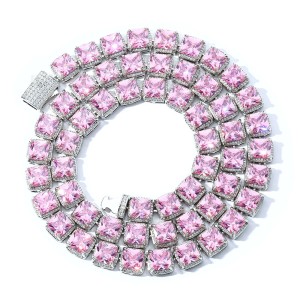10mm Pink Square Zirconia Chain Brass Necklace