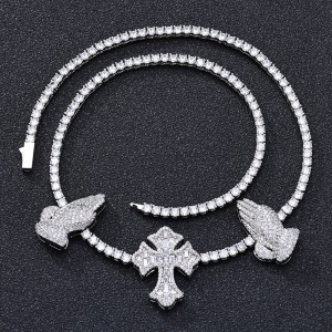 3.5mm Zirconia Cross Hand Tennis Chain Brass Necklace