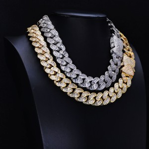18mm Three Rows T Shape Zirconia Cuban Chain Brass Necklace