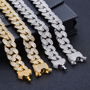 18mm Three Rows T Shape Zirconia Cuban Chain Brass Necklace