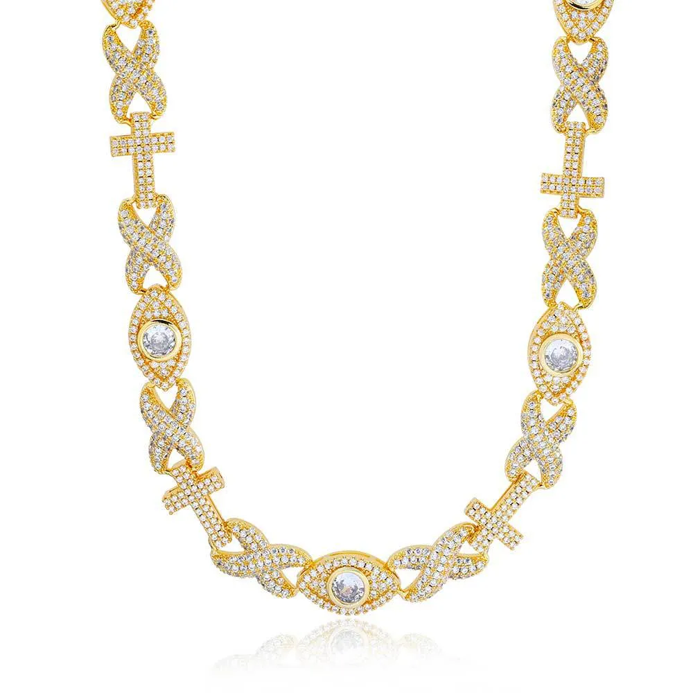 10mm Zirconia Cross Eyes Number 8 Chain Brass Necklace