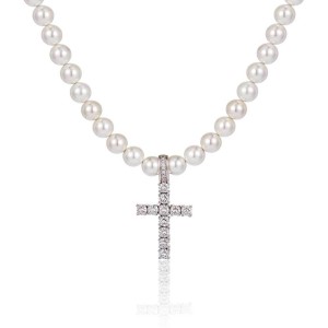 8mm/10mm Artificial Pearl Chain Cross Pendant Necklace