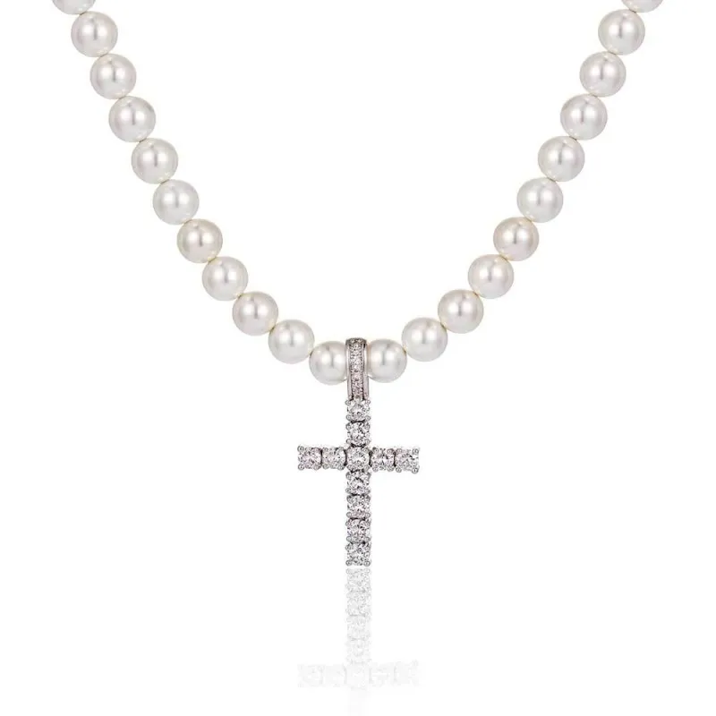 8mm/10mm Artificial Pearl Chain Cross Pendant Necklace