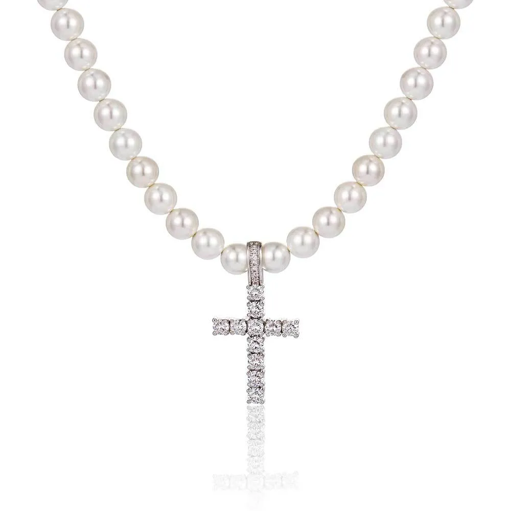 8mm/10mm Artificial Pearl Chain Cross Pendant Necklace