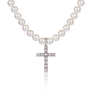 8mm/10mm Artificial Pearl Chain Cross Pendant Necklace