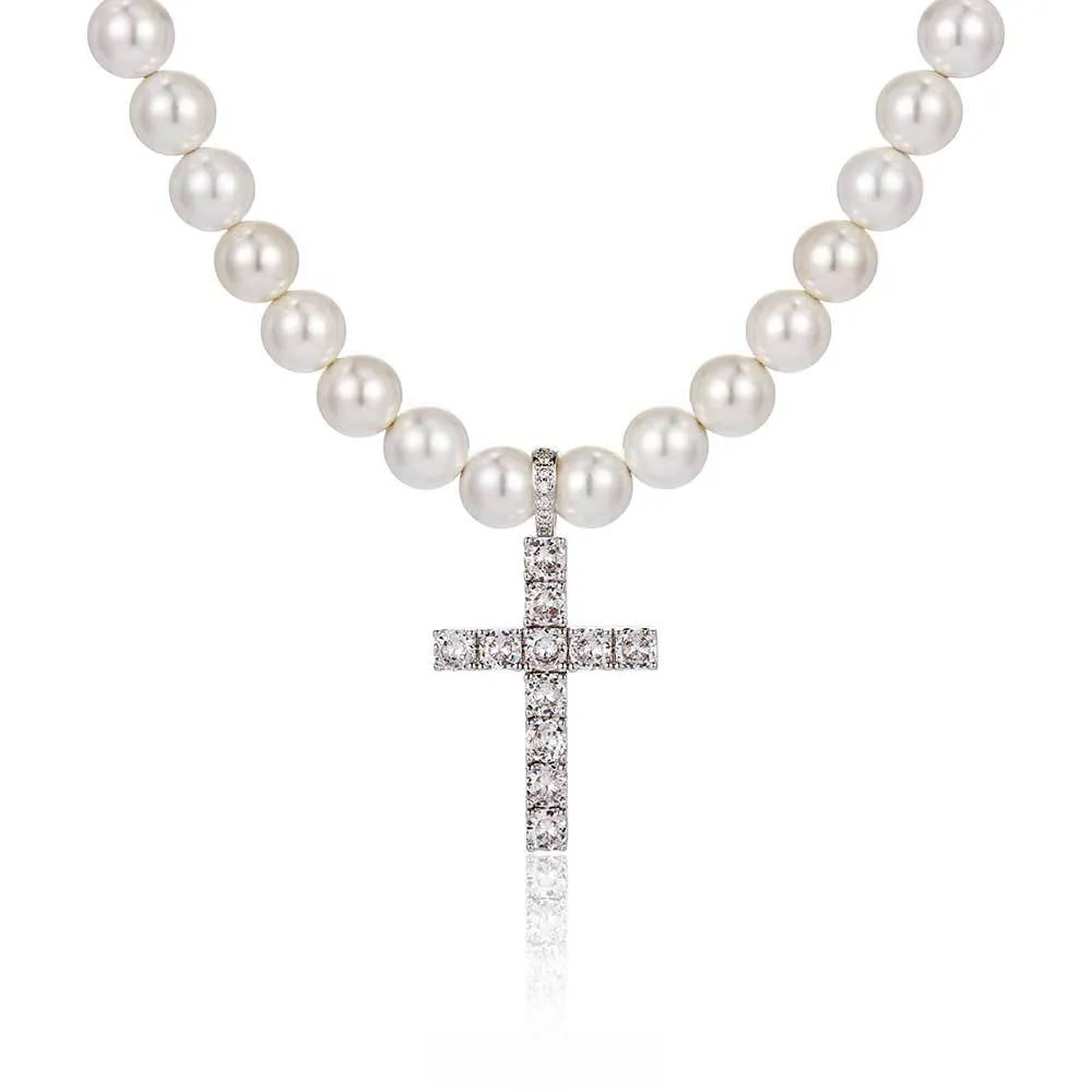 8mm/10mm Artificial Pearl Chain Cross Pendant Necklace - image1