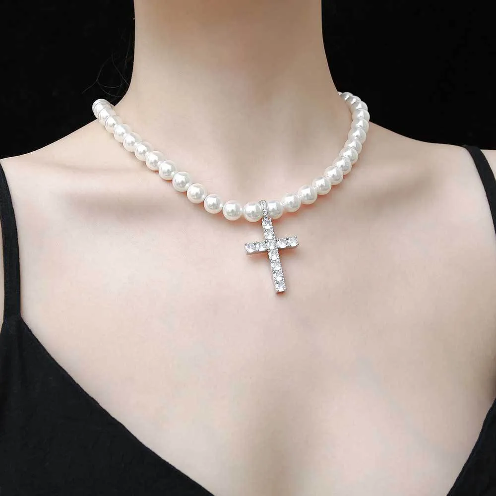 8mm/10mm Artificial Pearl Chain Cross Pendant Necklace - image2