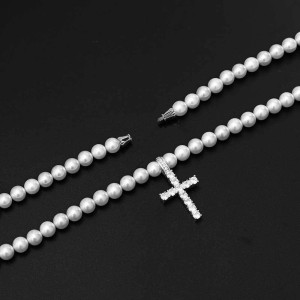 8mm/10mm Artificial Pearl Chain Cross Pendant Necklace