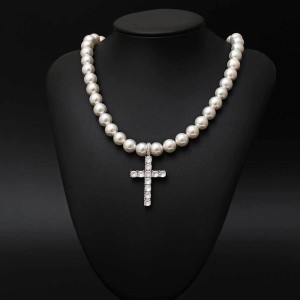 8mm/10mm Artificial Pearl Chain Cross Pendant Necklace