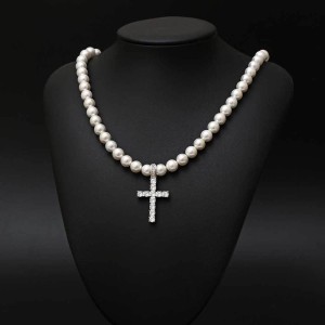 8mm/10mm Artificial Pearl Chain Cross Pendant Necklace