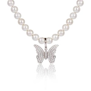 Artificial Pearl Chain Zirconia Butterfly  Pendant Necklace
