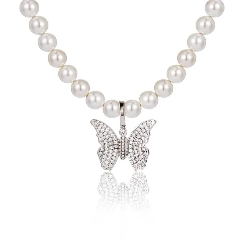 Artificial Pearl Chain Zirconia Butterfly  Pendant Necklace