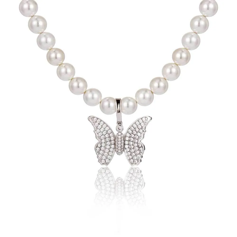 Artificial Pearl Chain Zirconia Butterfly  Pendant Necklace