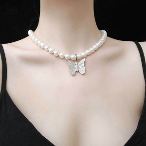 Artificial Pearl Chain Zirconia Butterfly  Pendant Necklace