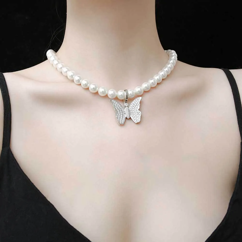 Artificial Pearl Chain Zirconia Butterfly  Pendant Necklace - image1