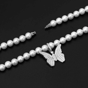 Artificial Pearl Chain Zirconia Butterfly  Pendant Necklace