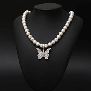 Artificial Pearl Chain Zirconia Butterfly  Pendant Necklace