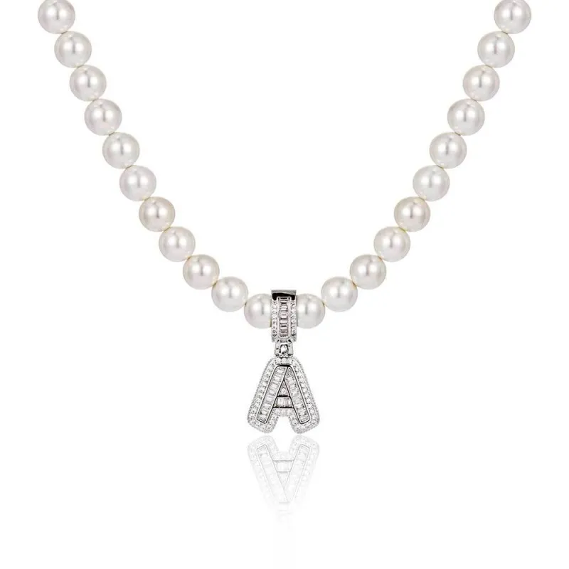 Artificial Pearl Chain Zirconia Letters  Pendant Necklace