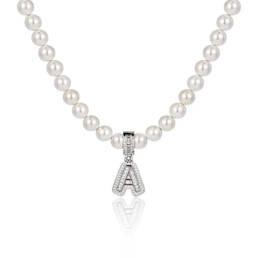 Artificial Pearl Chain Zirconia Letters  Pendant Necklace