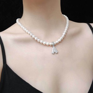 Artificial Pearl Chain Zirconia Letters  Pendant Necklace