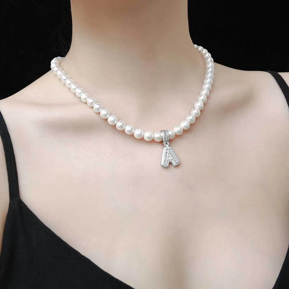 Artificial Pearl Chain Zirconia Letters  Pendant Necklace - image1