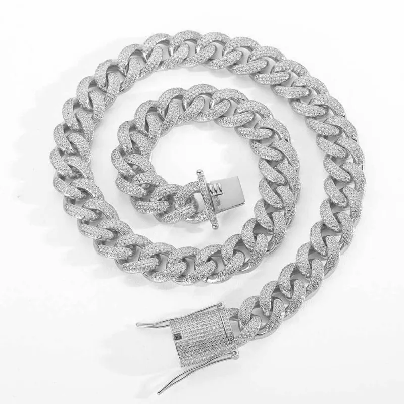 15mm Three Rows Zirconia Cuban Chain Brass Necklace