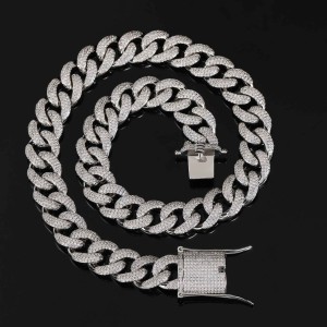 15mm Three Rows Zirconia Cuban Chain Brass Necklace