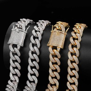 15mm Three Rows Zirconia Cuban Chain Brass Necklace