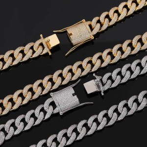 15mm Three Rows Zirconia Cuban Chain Brass Necklace