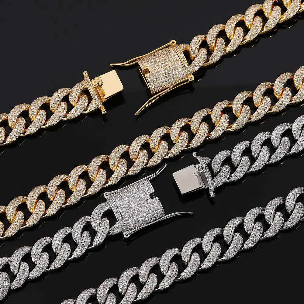 15mm Three Rows Zirconia Cuban Chain Brass Necklace - image1
