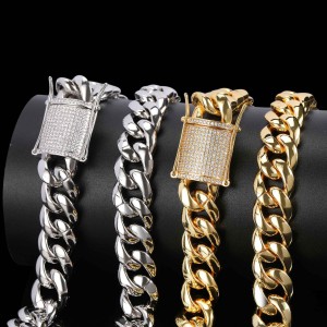 15mm Three Rows Zirconia Cuban Chain Brass Necklace