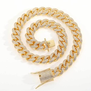 15mm Three Rows Zirconia Cuban Chain Brass Necklace
