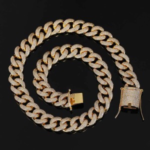15mm Three Rows Zirconia Cuban Chain Brass Necklace
