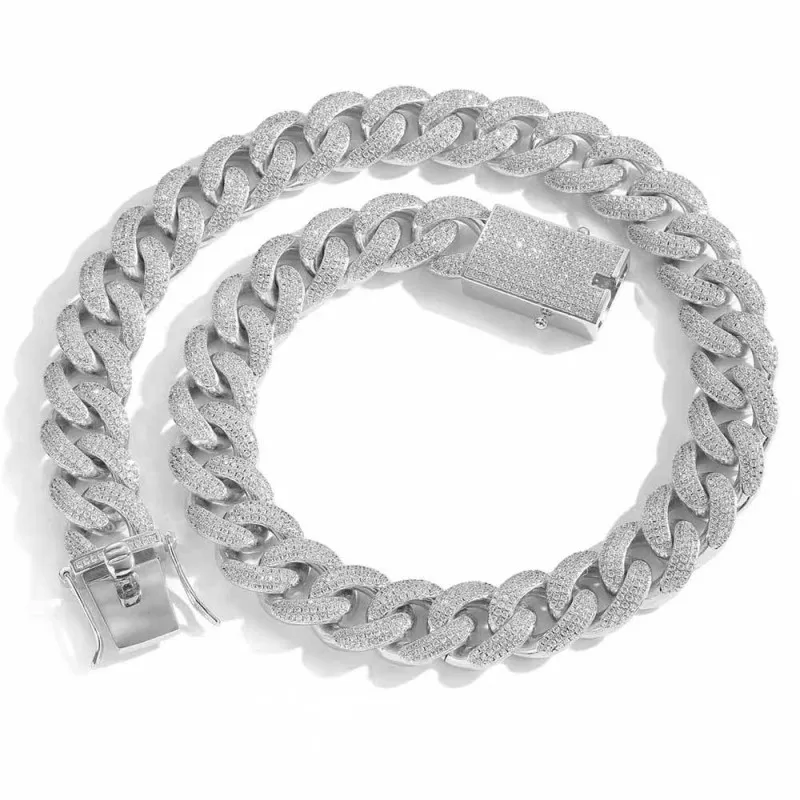 18mm Three Rows Zirconia Cuban Chain Brass Necklace