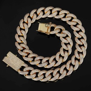 18mm Three Rows Zirconia Cuban Chain Brass Necklace