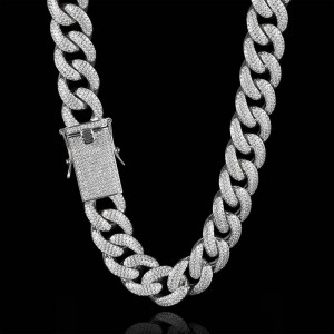 18mm Three Rows Zirconia Cuban Chain Brass Necklace
