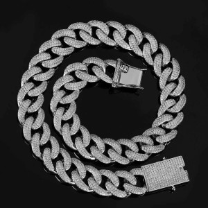 18mm Three Rows Zirconia Cuban Chain Brass Necklace