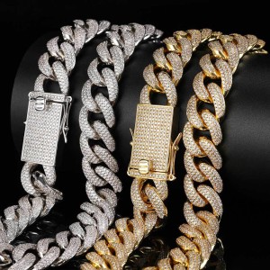 18mm Three Rows Zirconia Cuban Chain Brass Necklace