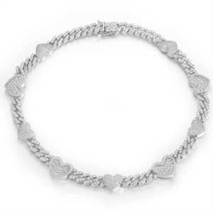 9mm Cubic Zirconia Heart Cuban Chain Brass Necklace