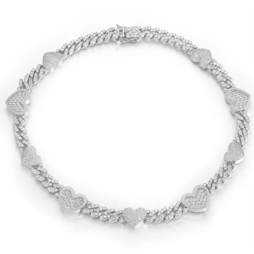 9mm Cubic Zirconia Heart Cuban Chain Brass Necklace